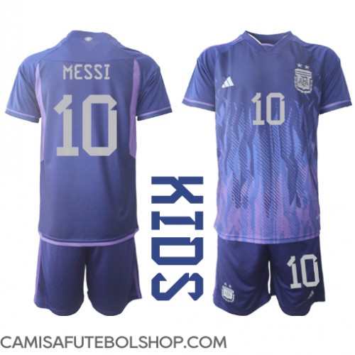 Camisa de time de futebol Argentina Lionel Messi #10 Replicas 2º Equipamento Infantil Mundo 2022 Manga Curta (+ Calças curtas)
